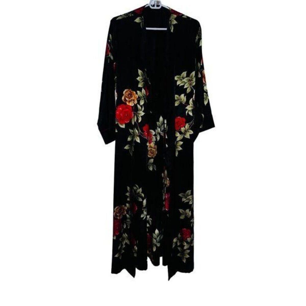 Jones New York Satin polyester women’s black flower stamp robe attached belt siz